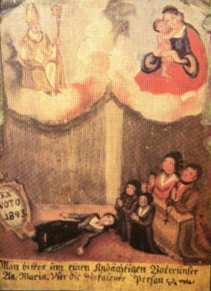 Der Heilige Valentin und die Mutter Gottes.
Exvoto von 1843 aus Mariahilfberg, Passau